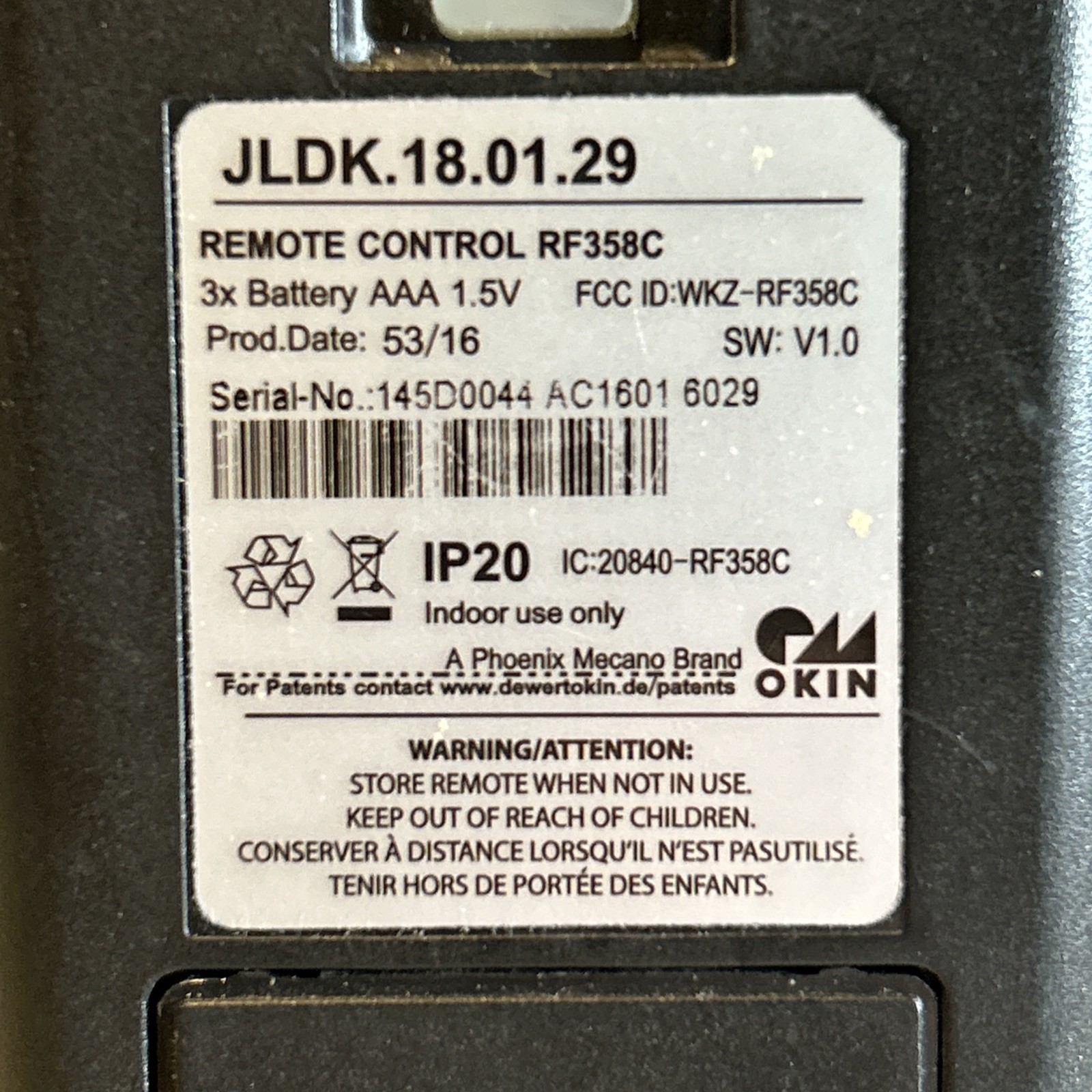 OEM Sealy Ease 1.0 Remote Control RF358C JLDK.18.01.29