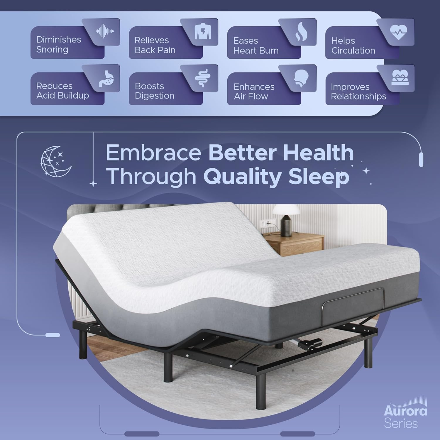Aurora Adjustable Bed Frame & 12″ Gel Memory Foam Mattress – Queen Size