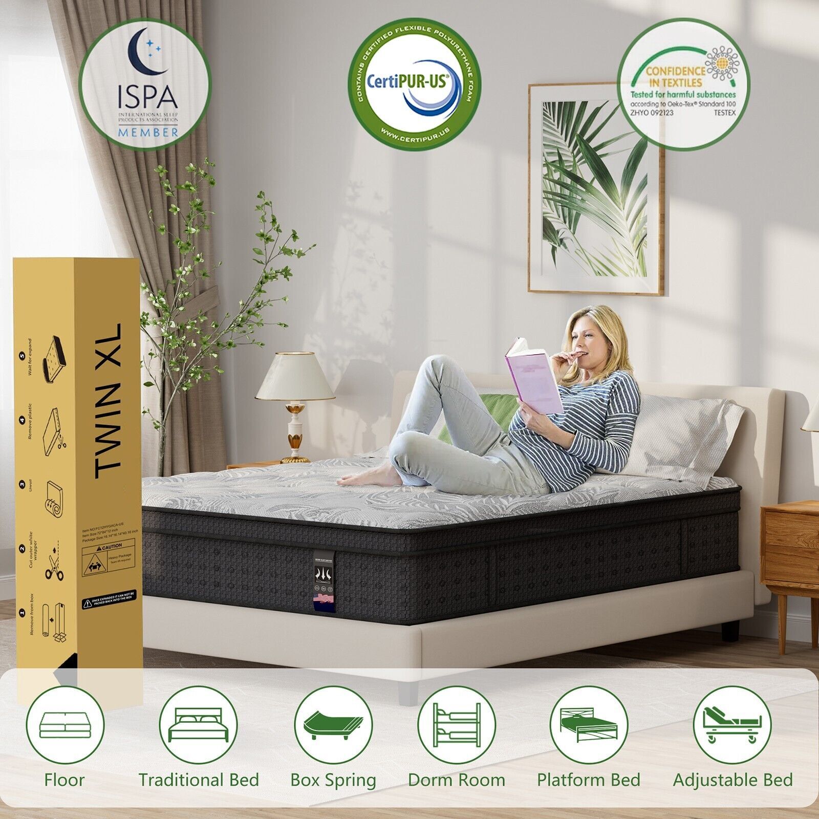 14″ Twin XL Mattress Cooling Gel Memory Foam Twin XL Spring Hybrid Mattress