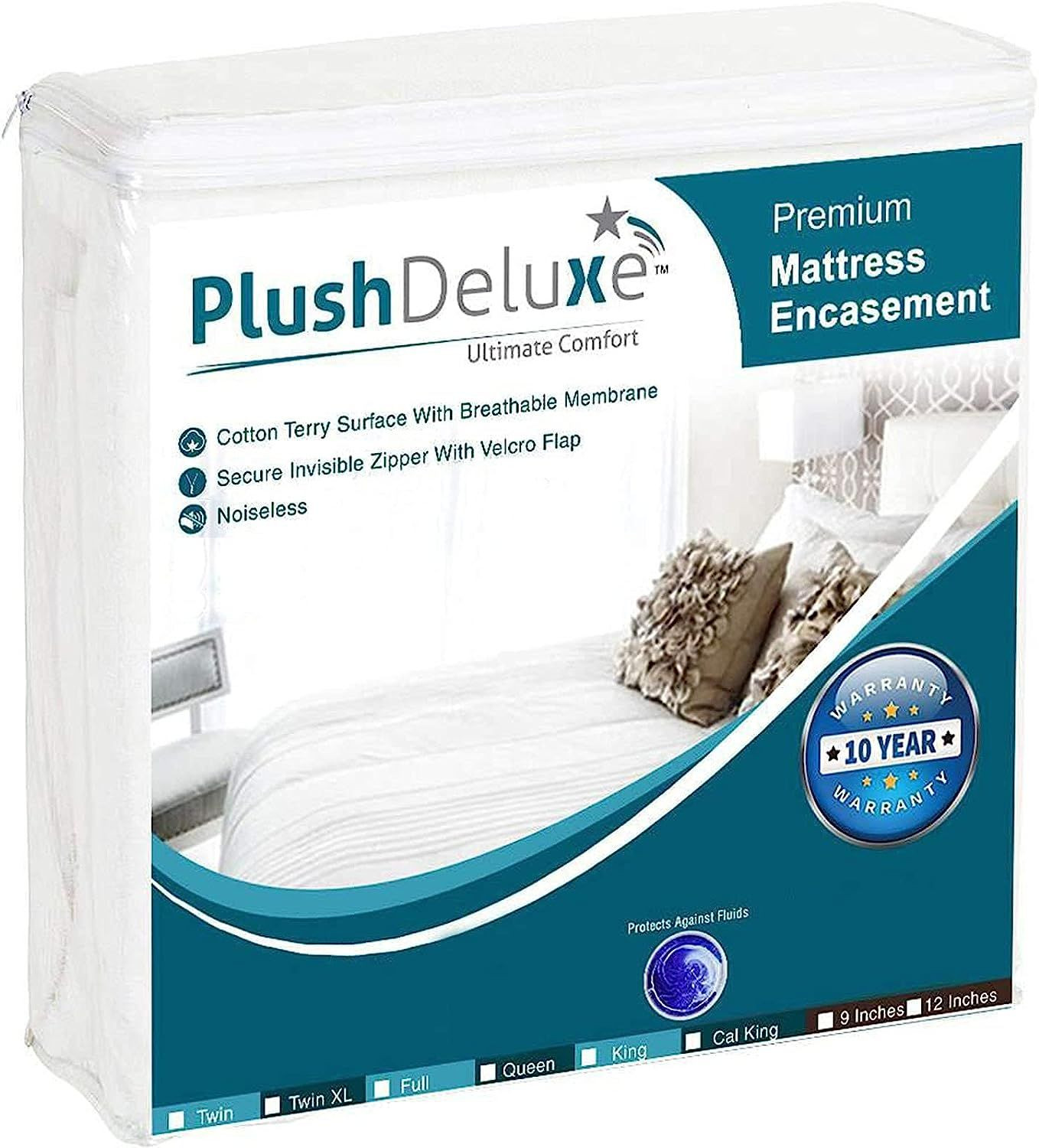 PlushDeluxe Premium Zippered Mattress Encasement, Waterproof, Queen, White