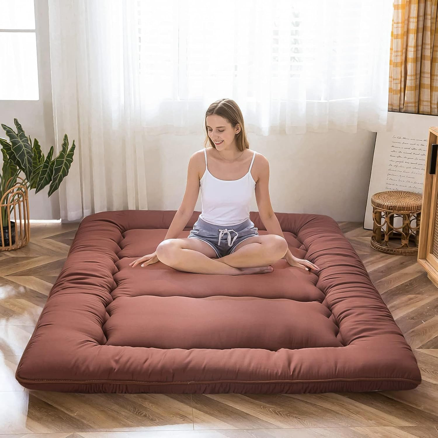 Thick Japanese Floor Futon Mattress, Twin Size Roll-Up Sleeping Pad for Kids