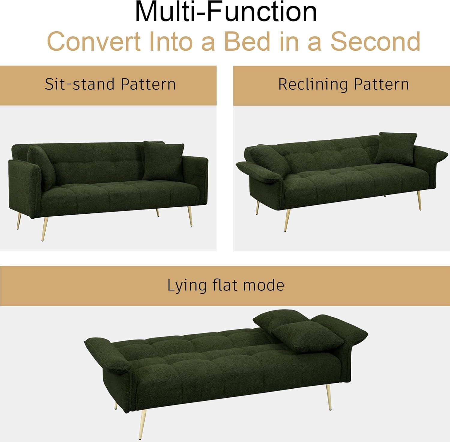 70.1″ Futon Sofa Bed with Folding Armrests,Convertible Double Couch W/ 3