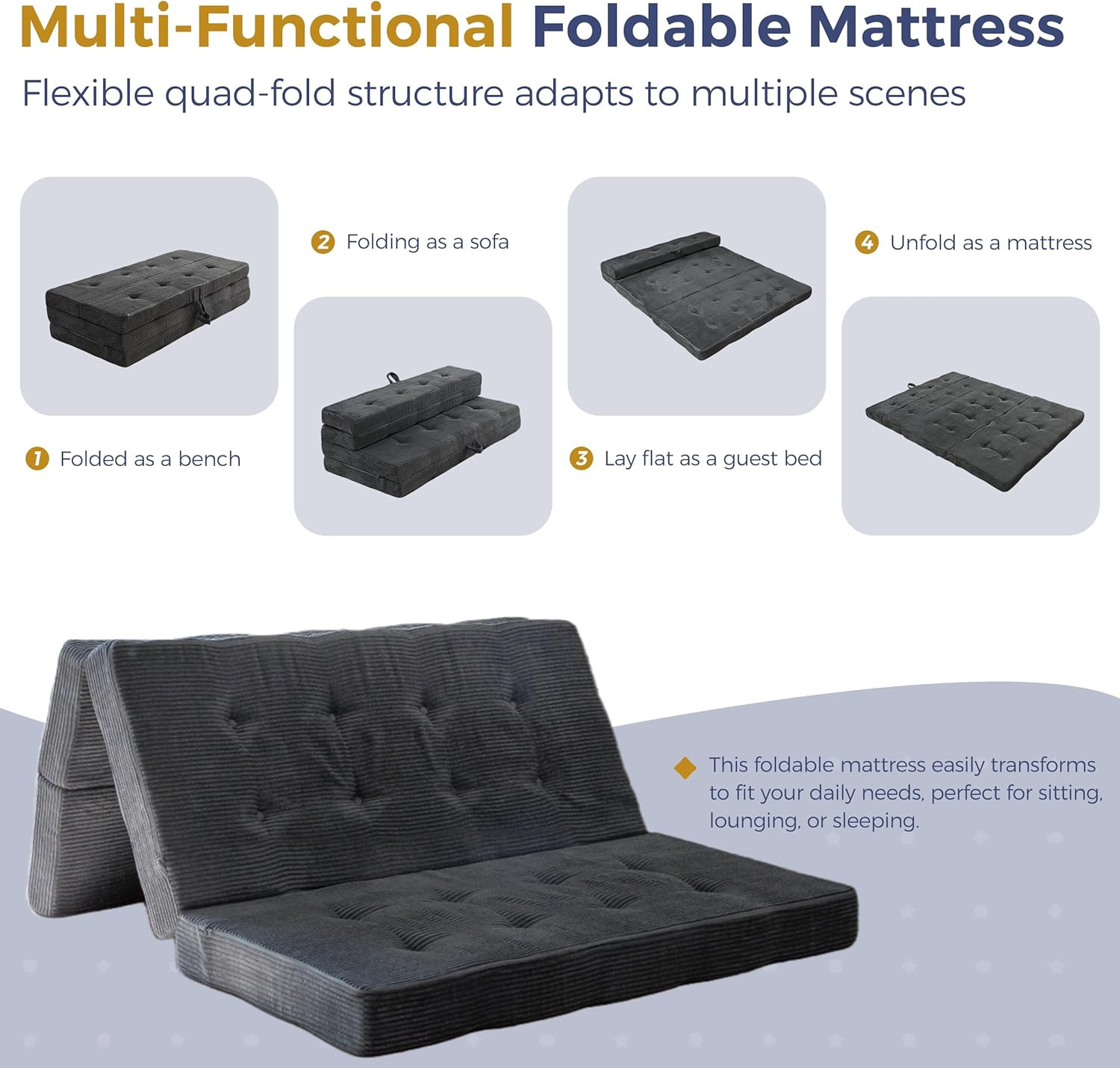 4-Inch Folding Mattress – Portable Tri-Fold Bed for Guests, Dark Grey