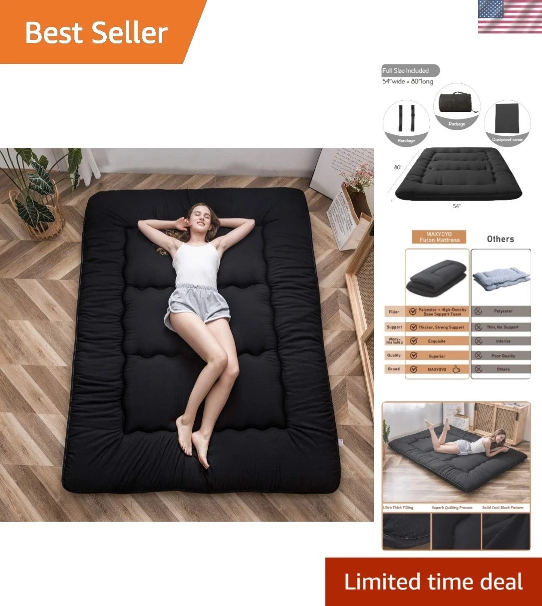 Luxurious Japanese Floor Futon Mattress – 4” Thick Portable Tatami Sleeping Pad
