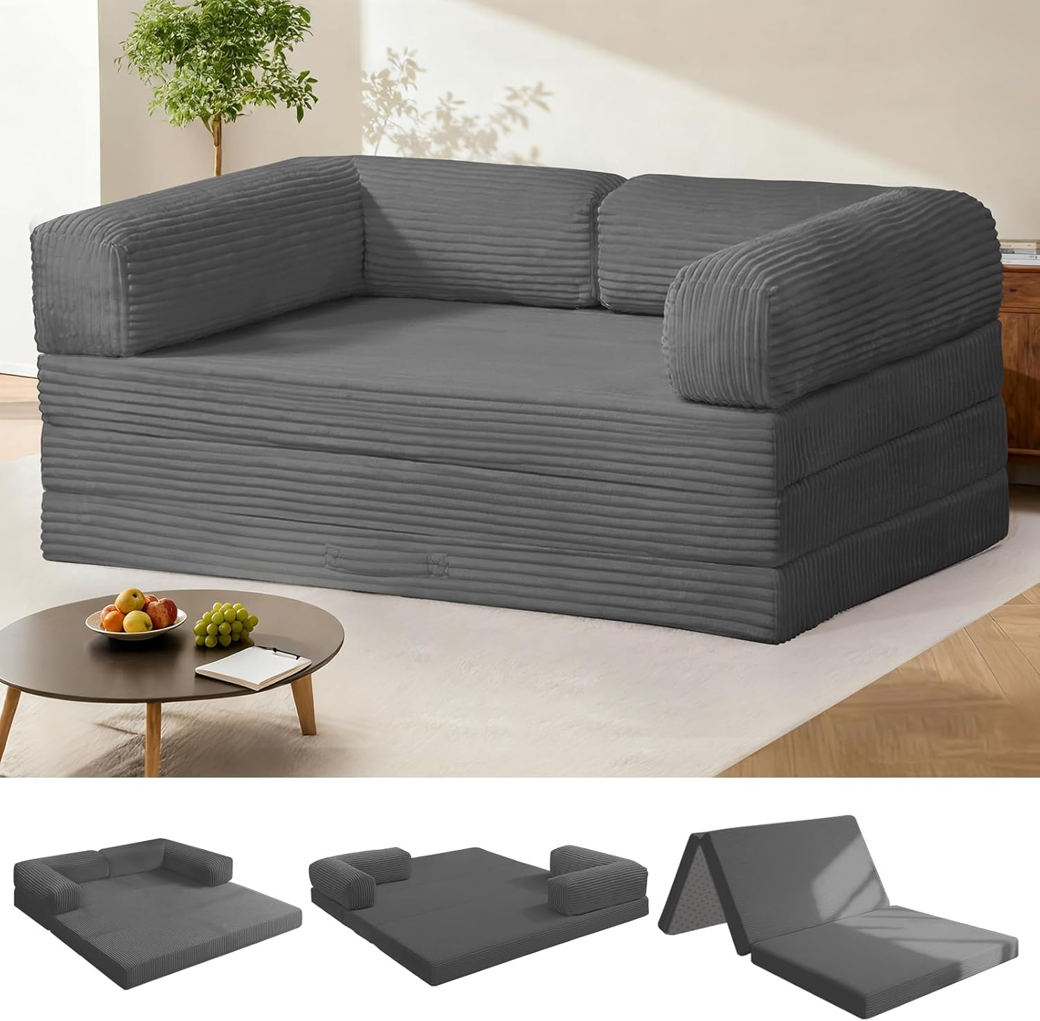 Tri-Fold Foldable Mattress, Convertible Folding Sofa Bed with Removable Arms & W