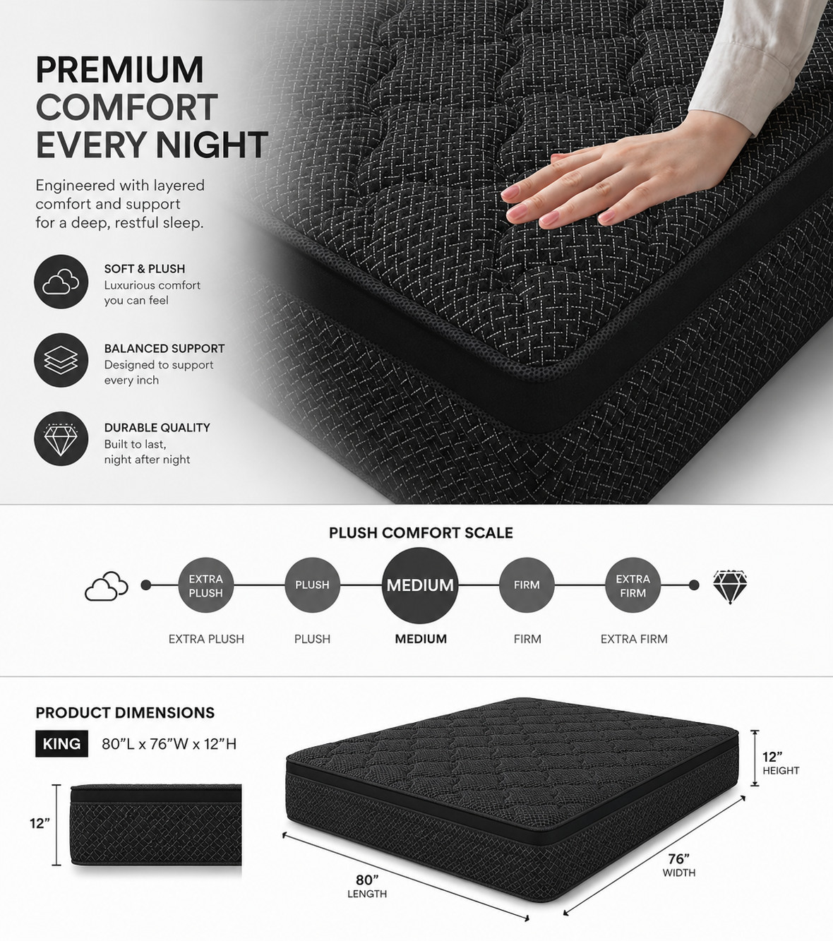 King 12″ Hybrid Mattress Pocket Spring Cooling Gel Memory Foam Bed Box
