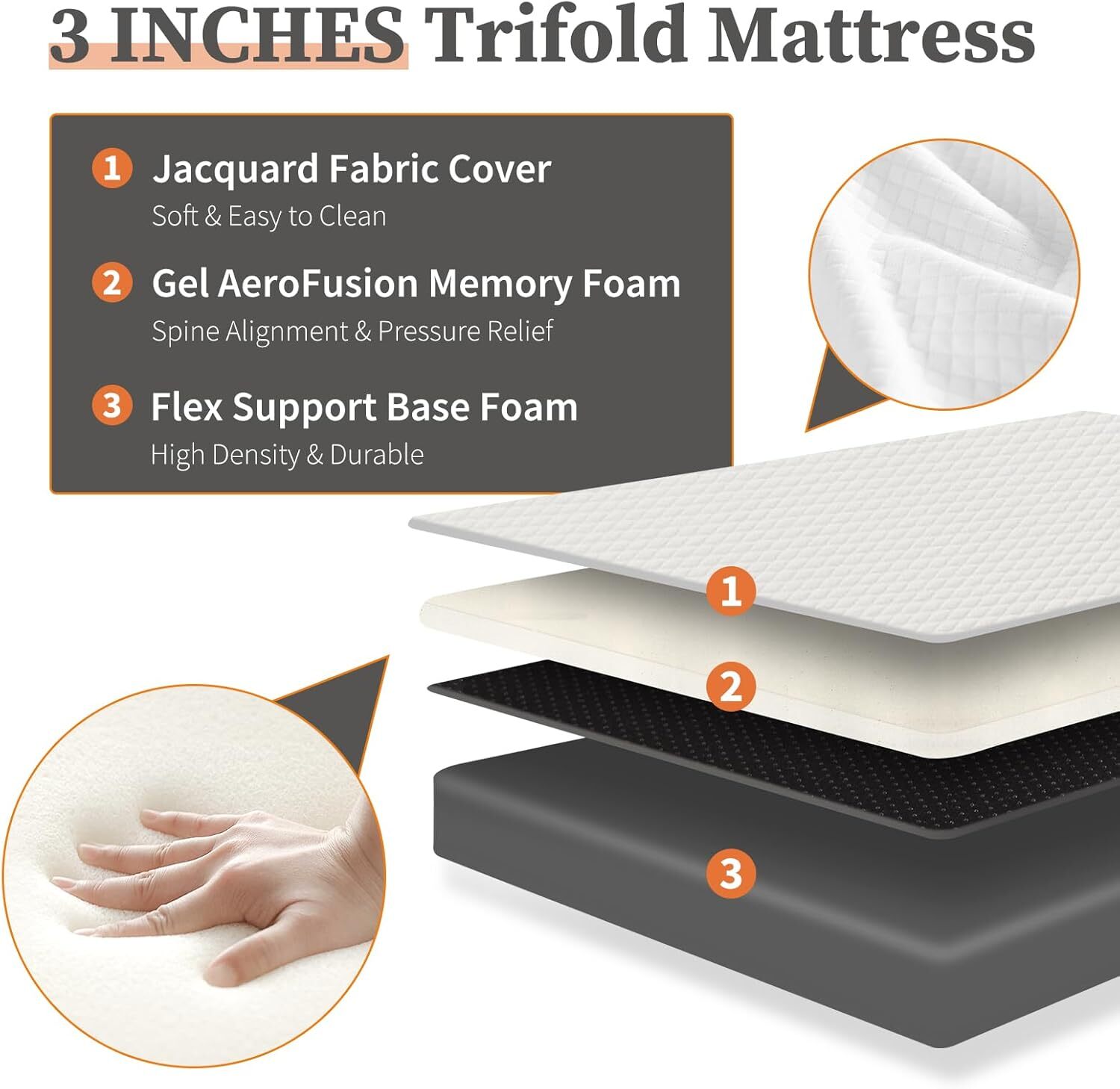 Folding Mattress Twin 4-Inc Tri-Fold Mattress with Memory Foam 75″×38″×4″
