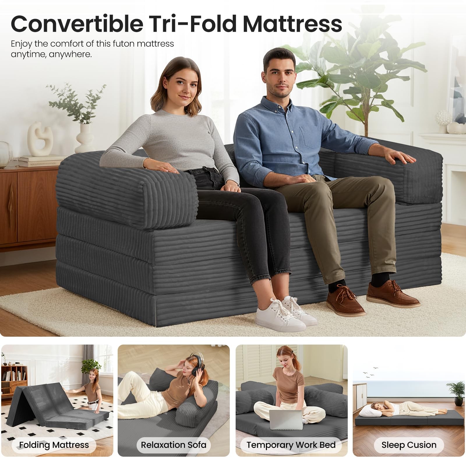Tri-Fold Foldable Mattress, Convertible Folding Sofa Bed with Removable Arms …
