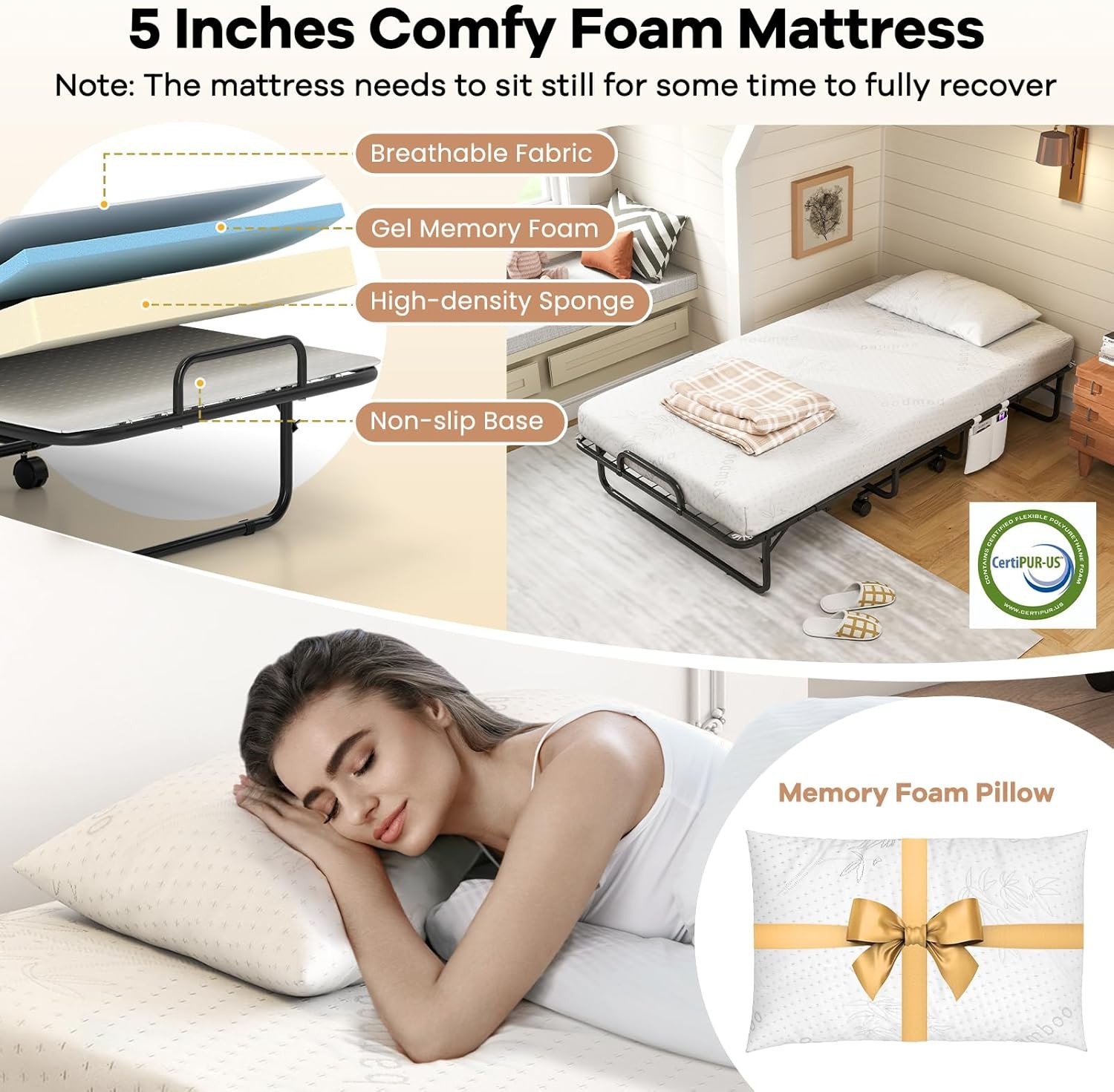 Twin Folding Bed with 5 Inch Mattr, Rollaway Guest Bed with