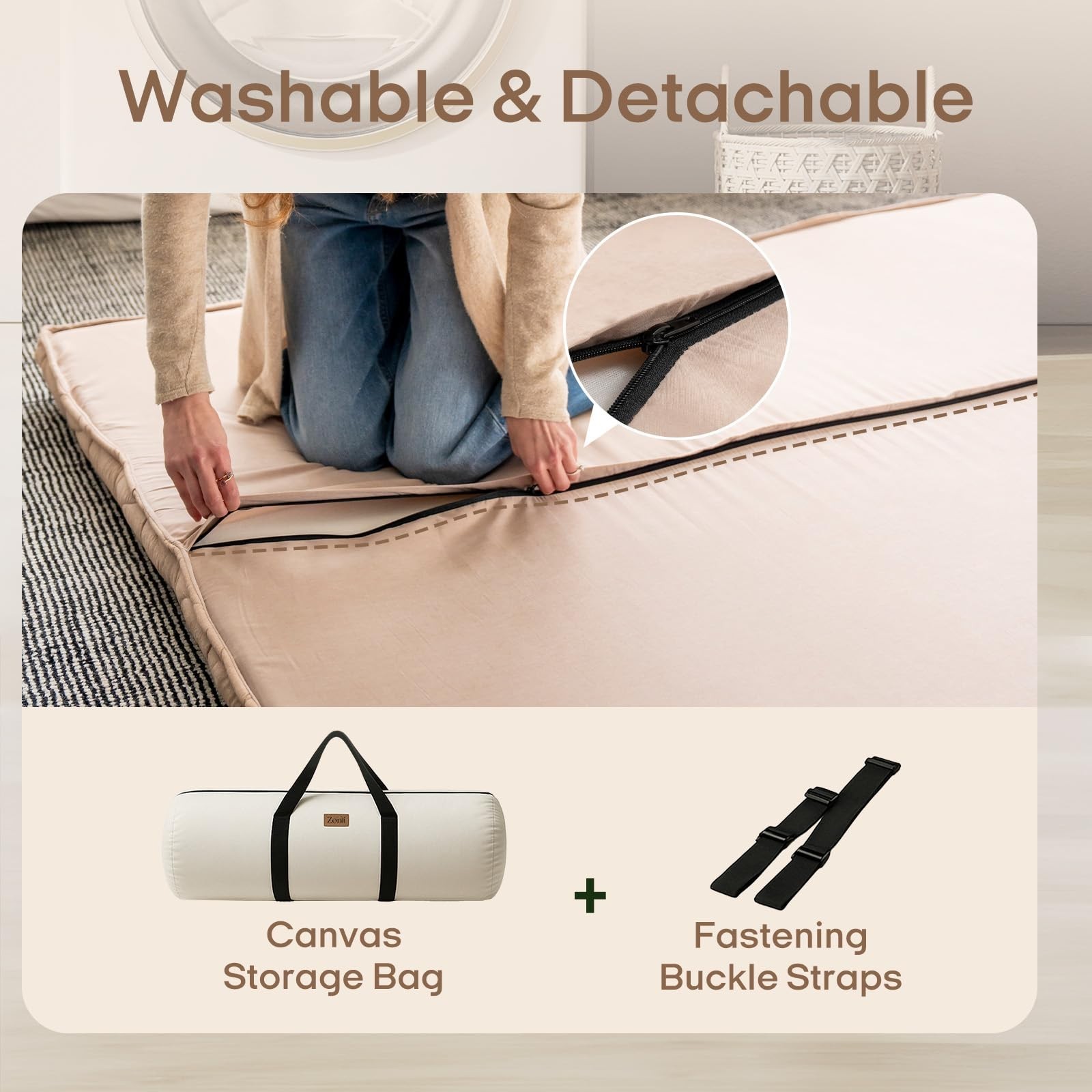 Full Size Japanese Floor Mattress – Thick Roll Up Tatami Mat, Washable Cotton, P