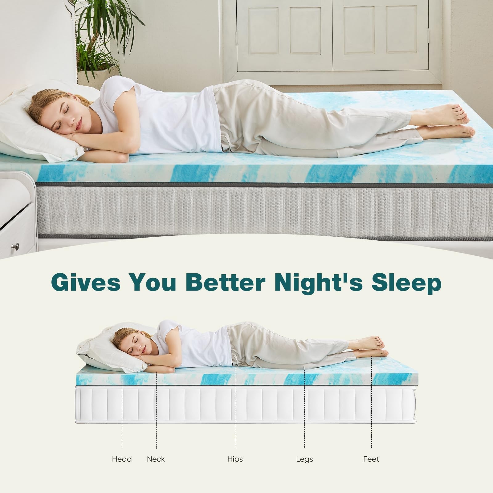 Sweetcrispy 3in Gel Memory Foam Mattress Topper Queen Cooling Bed Pad Soft