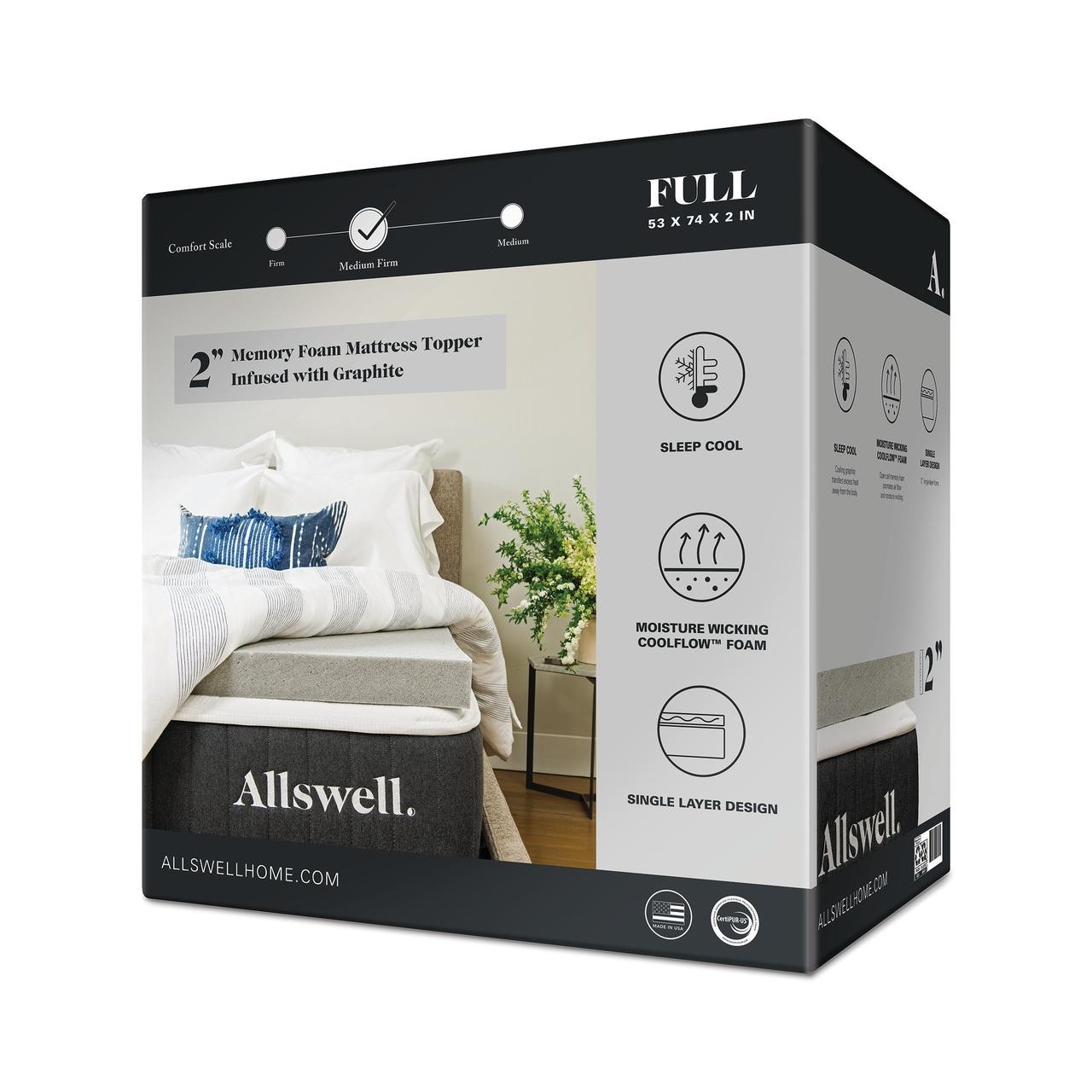 Allswell Sleep Cool FULL 2″ Memory Foam Mattress Topper, Graphite Infused 🆕