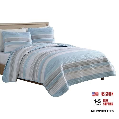 Coralinn Striped 3-Piece Quilt Set – Lightweight – All Full/Queen Blue Gray