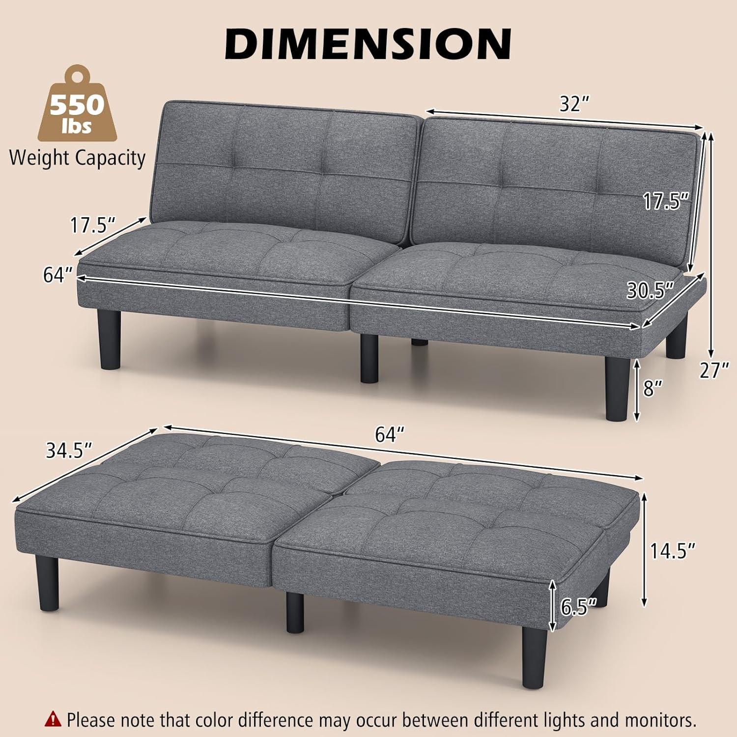 Convertible Futon Sofa Bed, Upholstered Folding Linen Sleeper