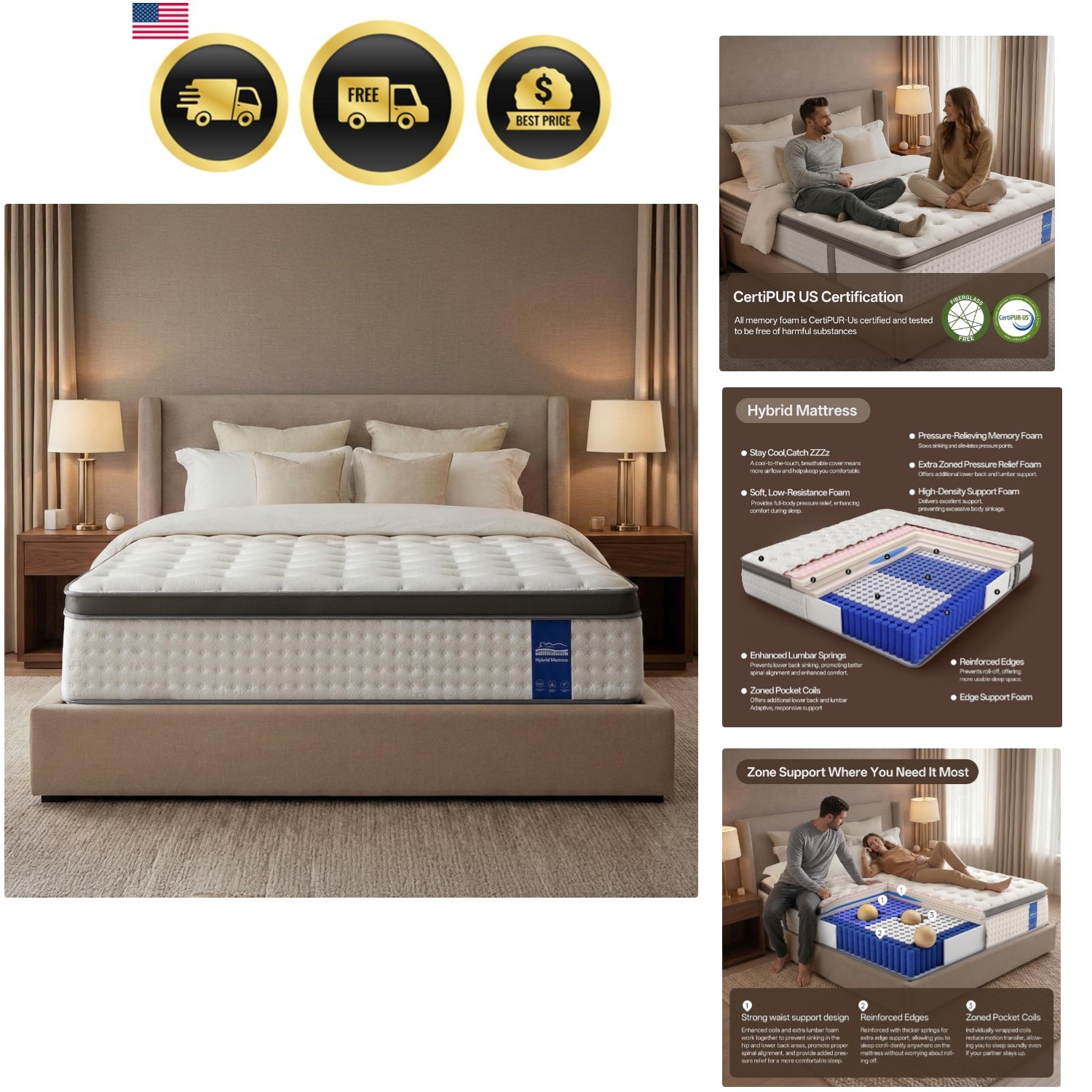 Queen Size 14-Inch Hybrid Mattress: Cooling Gel Memory Foam Medium Firm Support