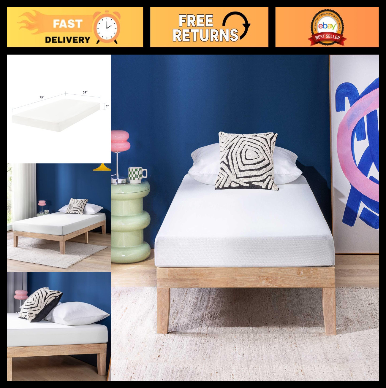 5″ Medium Firm Memory Foam Mattress, Cooling Gel, Safe Foams, Twin Size, Boxed