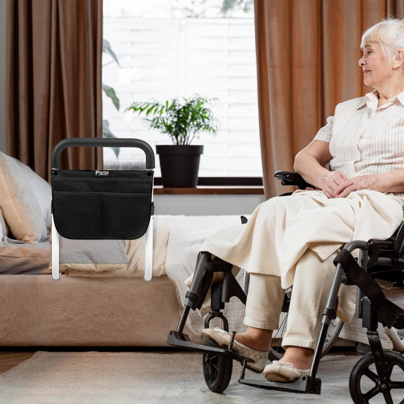 Adjustable Bed Assist Rails Bed Side Safety Handle for Seniors W/ Storage Pouch