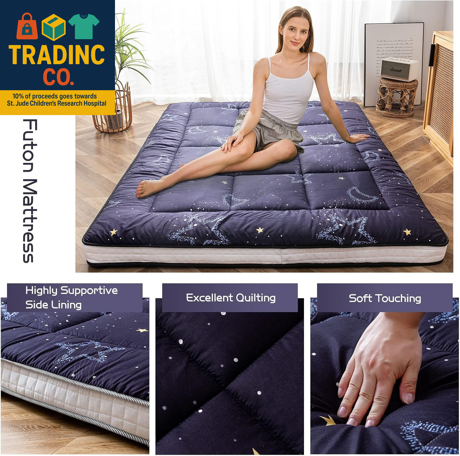 Black Moon and Star Quilted Futon Mattress, Extra Thick Twin Floor Lounger