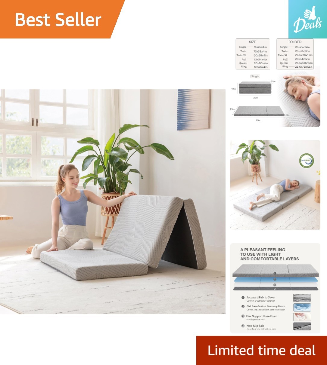 Tri-Fold Memory Foam Mattress Twin Size – 4-inch Comfort for Guests & Outdoors