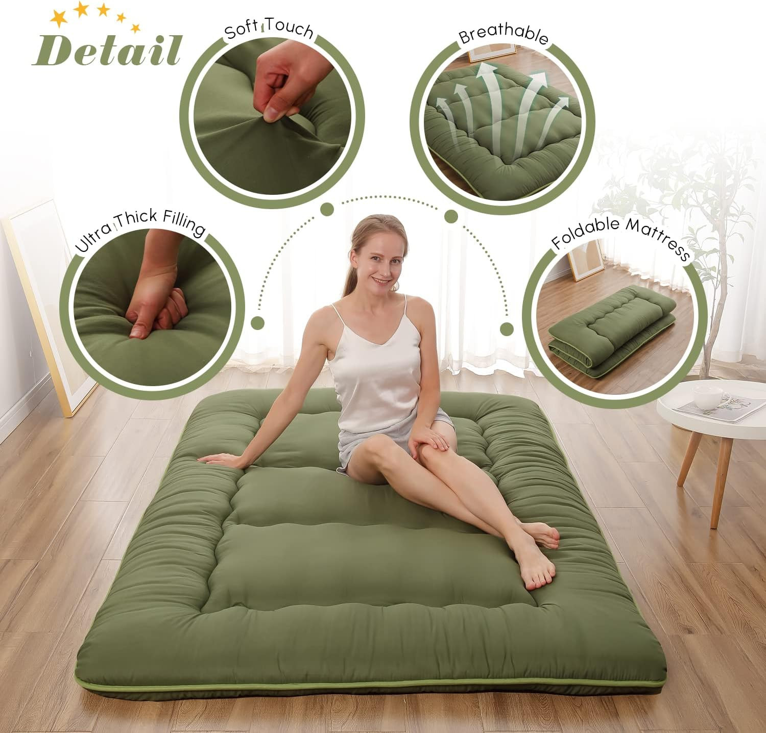 Japanese Floor Mattress, Futon Mattress with Portable Storage Bag and Washable C