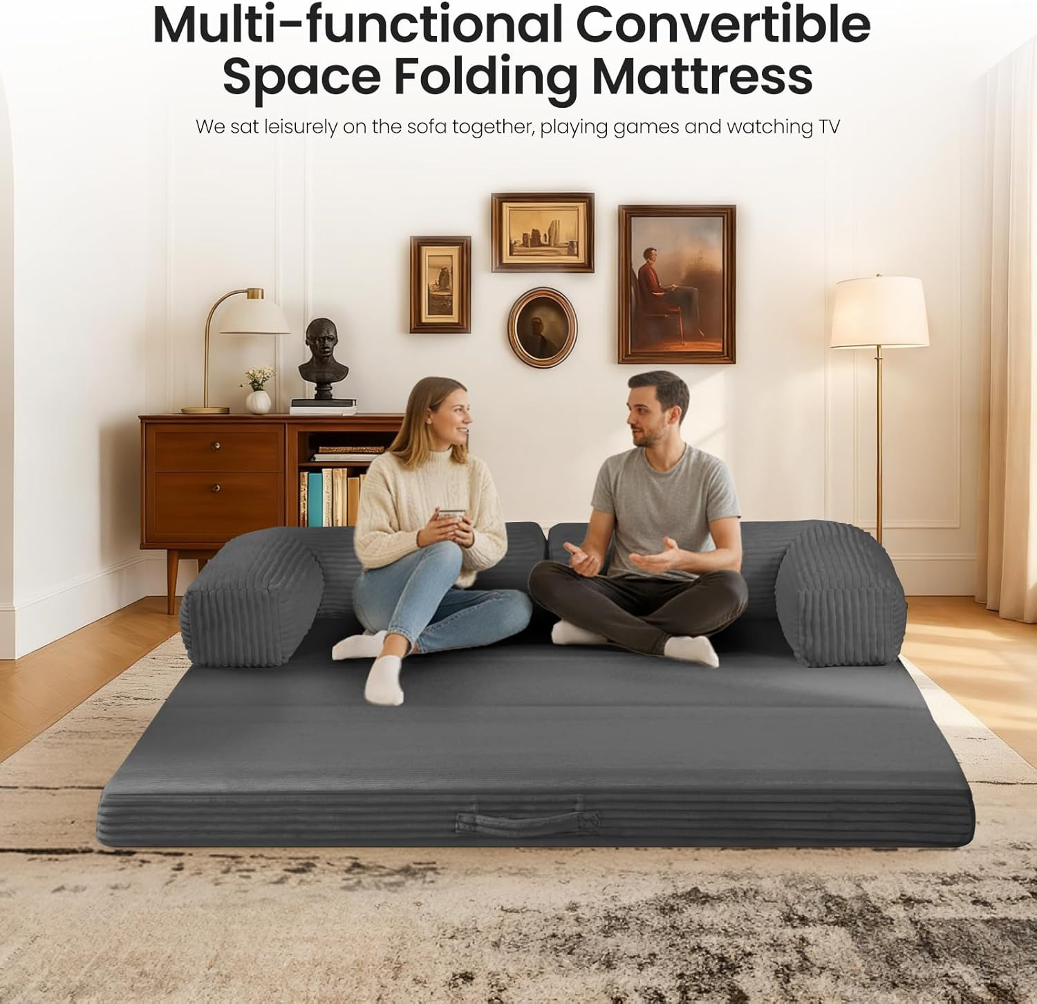 Tri-Fold Foldable Mattress, Convertible Folding Sofa Bed with Removable Arms & W