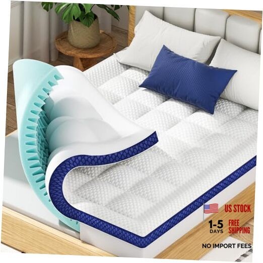 Mattress Topper Dual Layer 4 Inch Memory Foam Mattress Topper, King White-blue