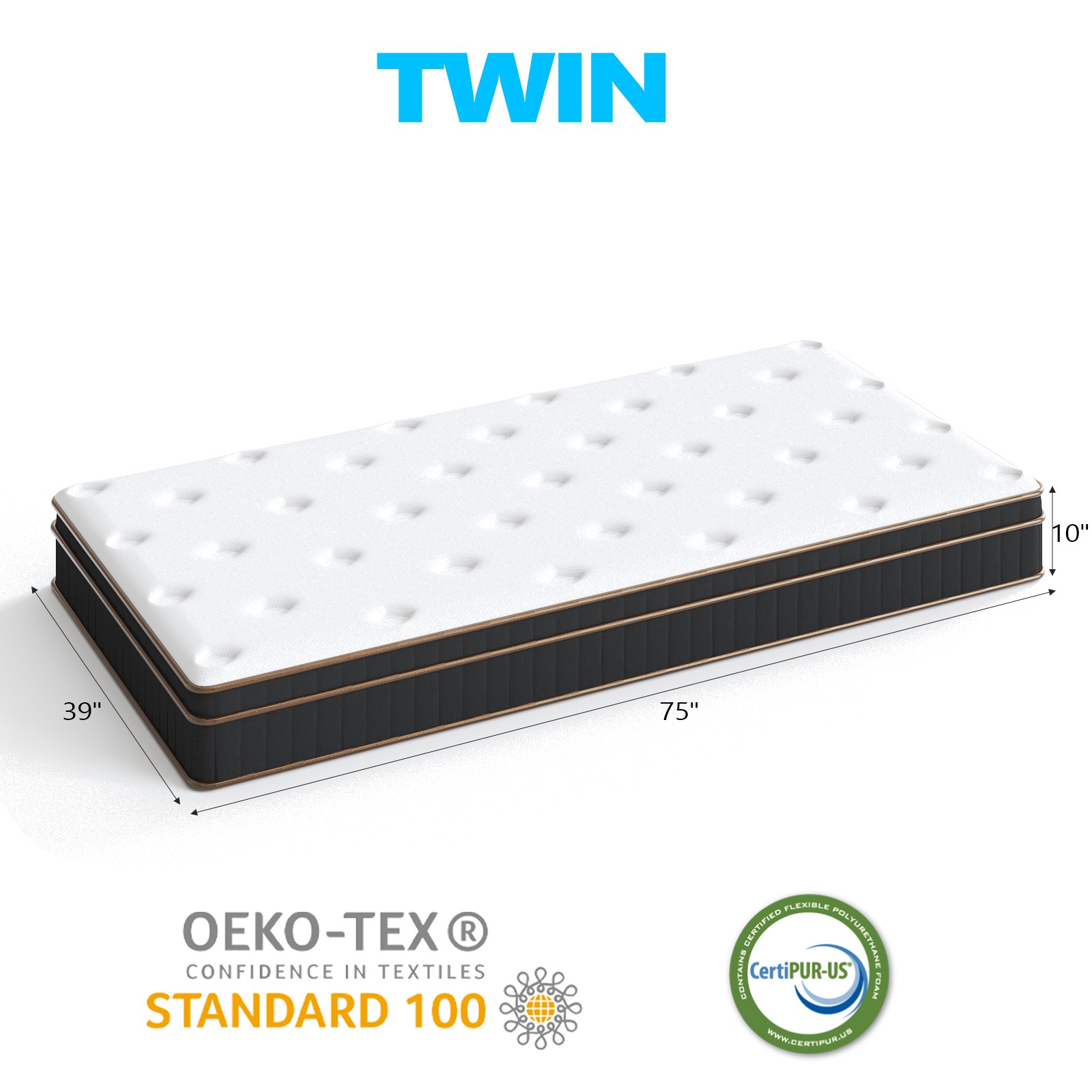 10 Inch Twin Mattress, Innerspring Mattress with Black Gold Trim & White Cover