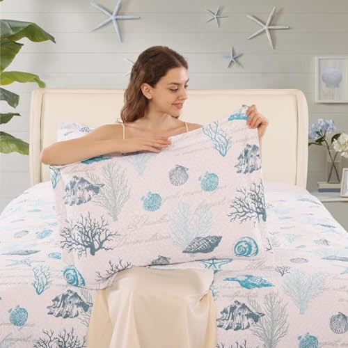 3-Piece Ocean Quilts Set Full/Queen Size Beach Queen/Full White Light Green