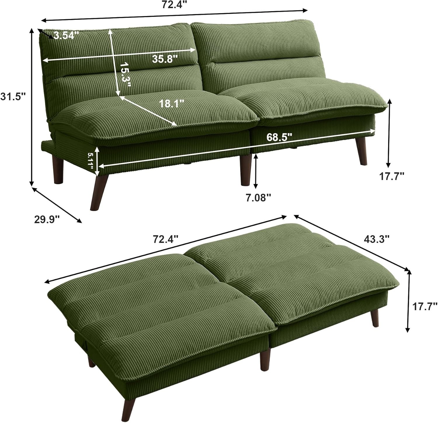 Futon Sofa Bed, 72″ Small Couches for Small Spaces, Folding Love Seat