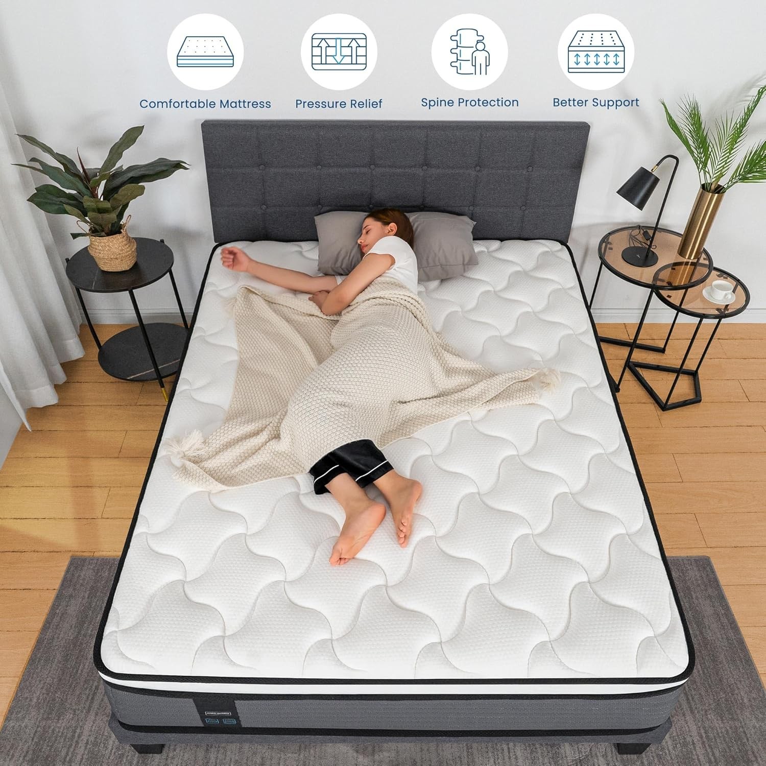 Queen Mattress 12 Inch Hybrid Pillow Top Mattress in a Box Fiberglass-Free Med