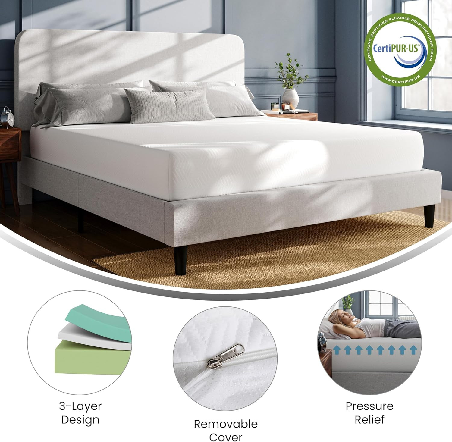 Cloud 3-Layer Memory Foam Mattress, Cooling Gel, Green Tea Infusion, Certipur-Us