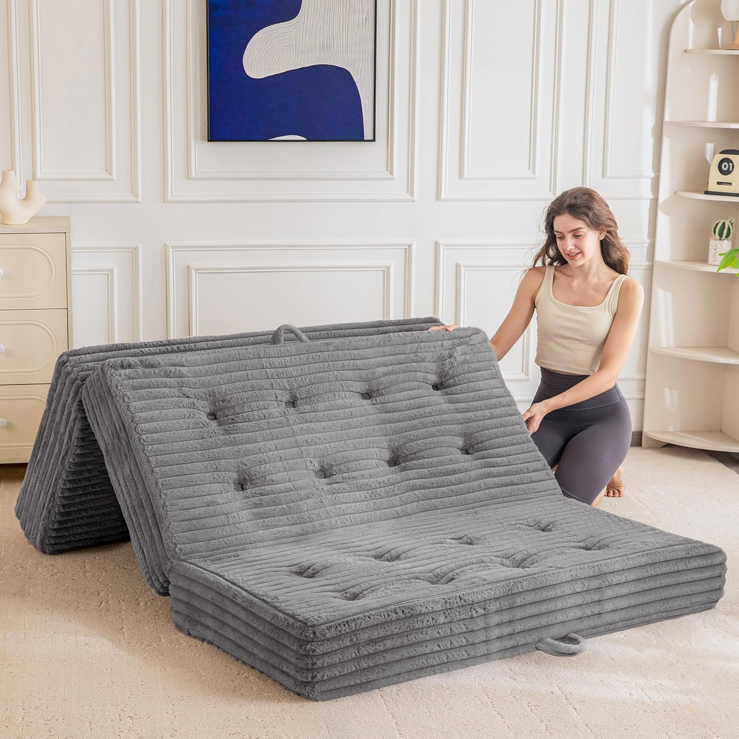 Portable Tri-Fold Folding Mattress with Handles – Soft Faux Fur, Full, Grey