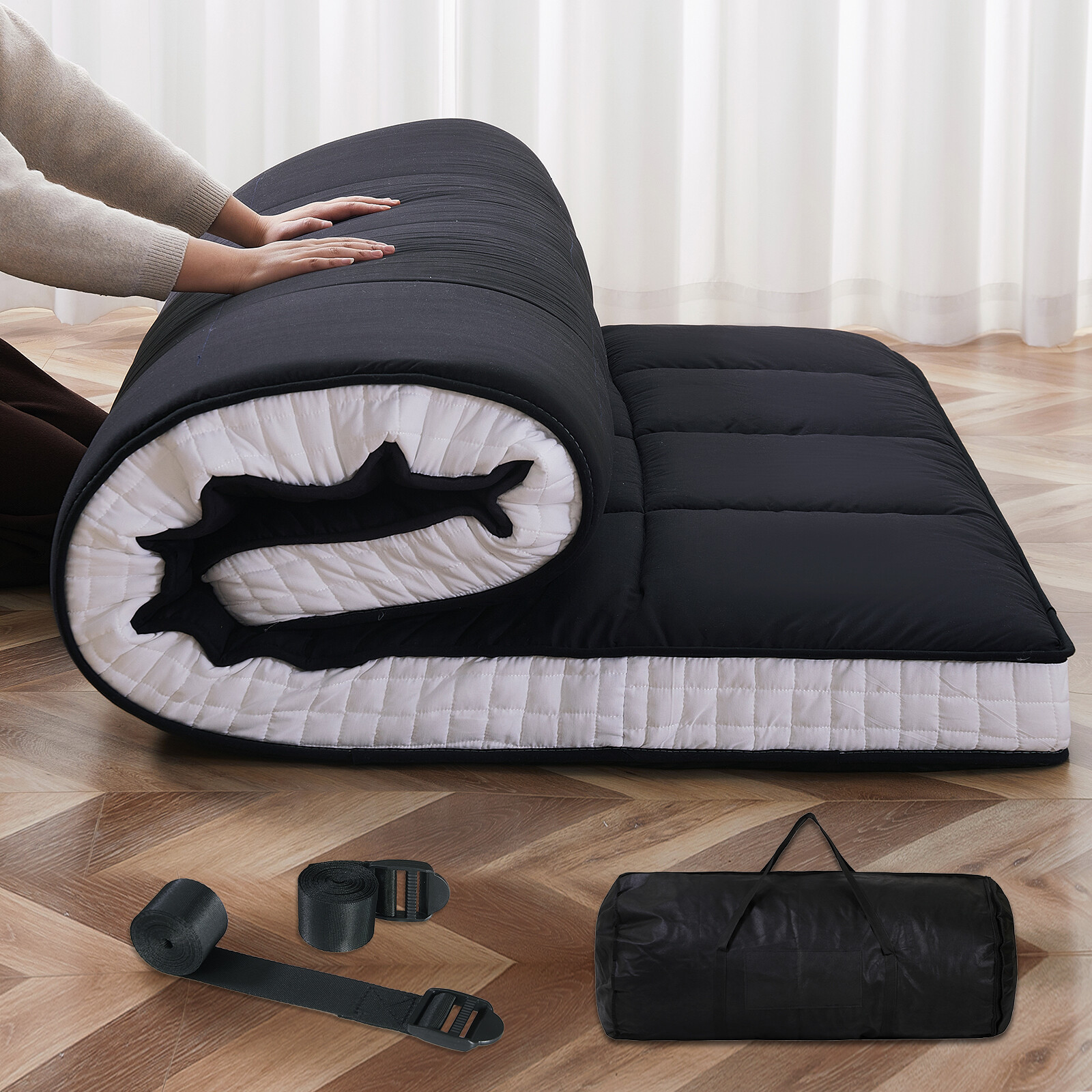 MOPHOTO Japanese Floor Mattress Wave Quilting Shiki Futon Twin Size Black Mat