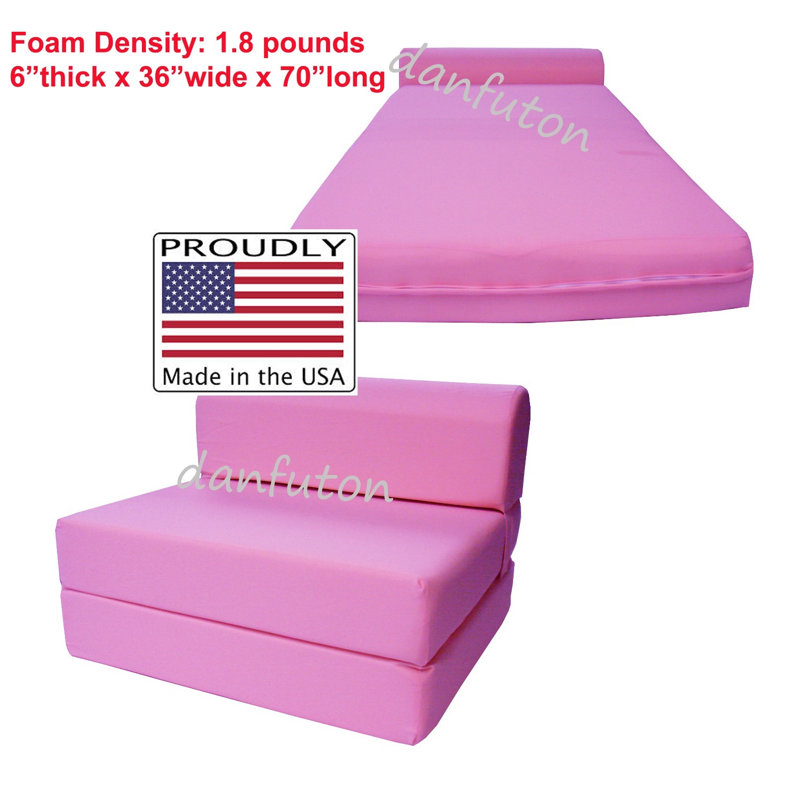 Pink 6 x 36 x 70 Twin Sleeper Chair Folding Foam Bed, Foam Density 1.8 lbs