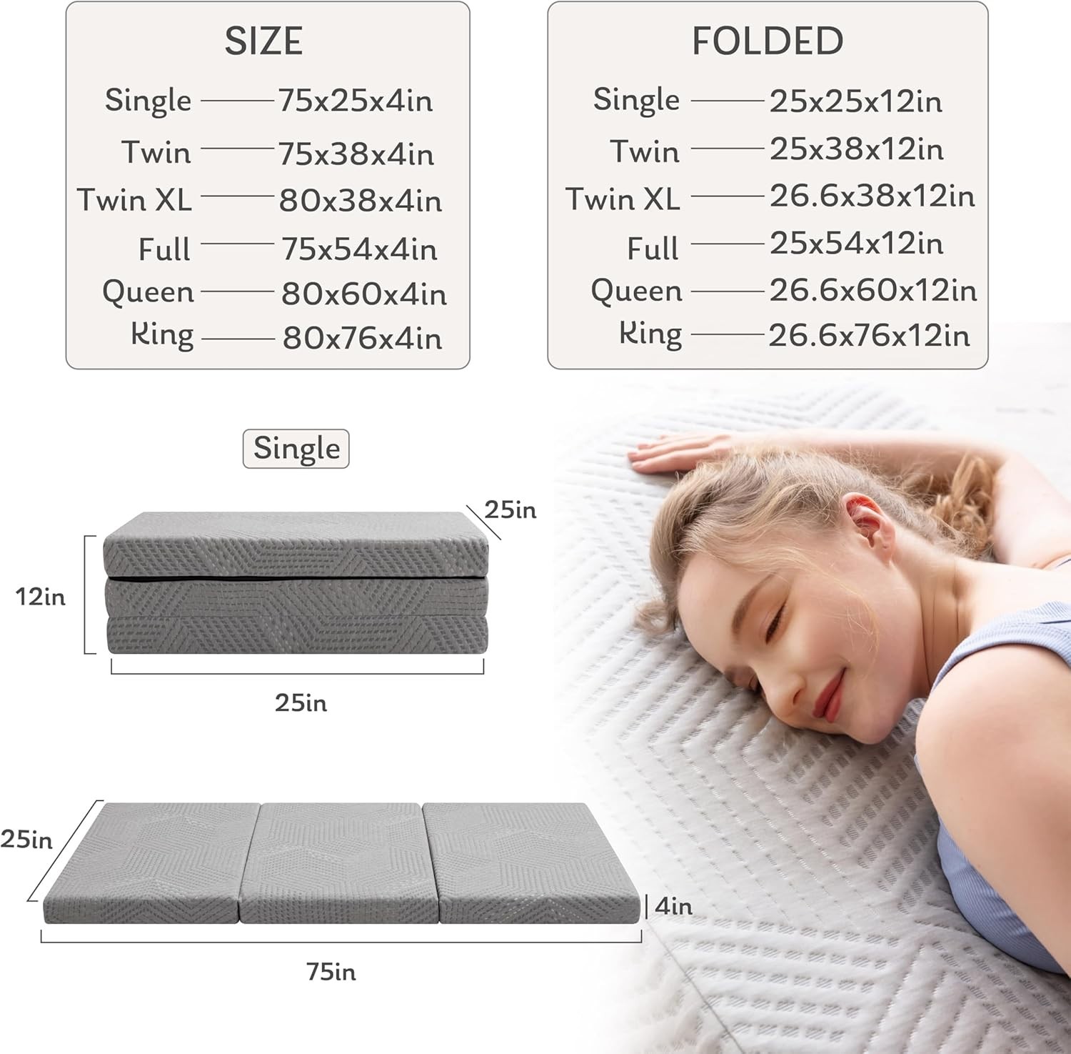 Compact 4 Inch Folding Memory Foam Mattress with Washable Cover, Grey – 75×25