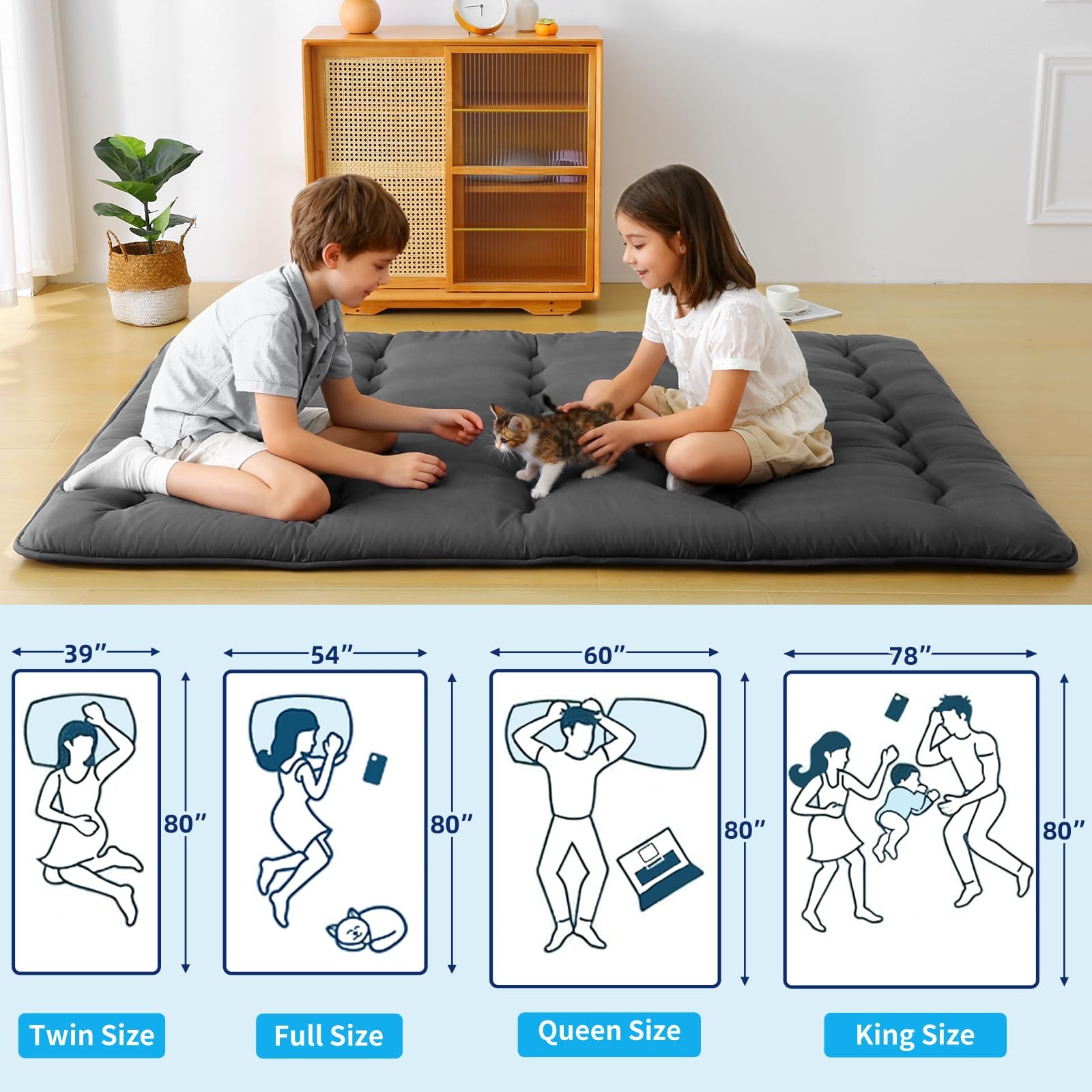 Japanese Futon Mattress – Thicken Floor Mattress Gray,5-Layer Foldable Tatami…