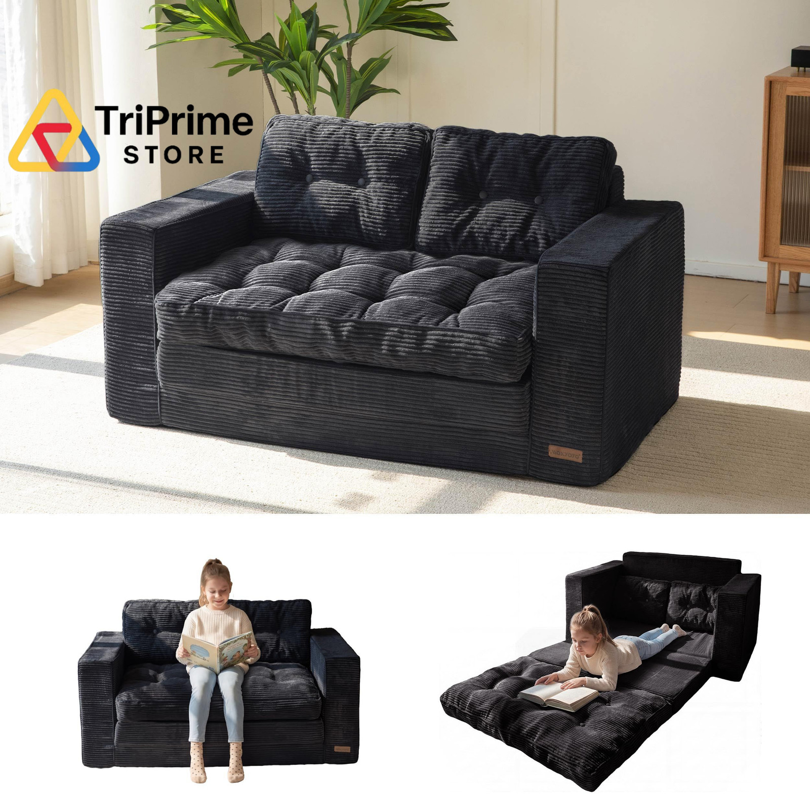 MAXYOYO Convertible Sofa Bed, Pull Out Loveseat 59″ Tri-fold Loveseat, Black