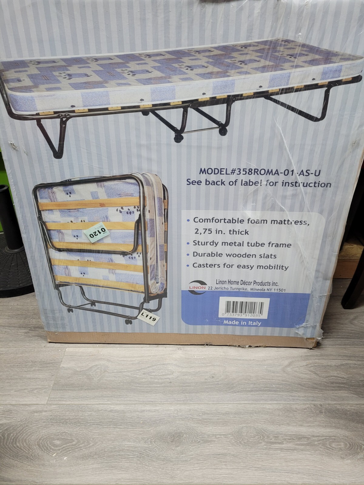 NEW IN BOX! LINON ROMA Folding Bed Blue & White Mattress Made in Italy