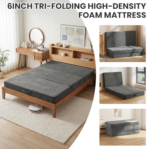 Erament Folding Mattress Size, Trifold Mattress 6 inch Foldable Queen Grey