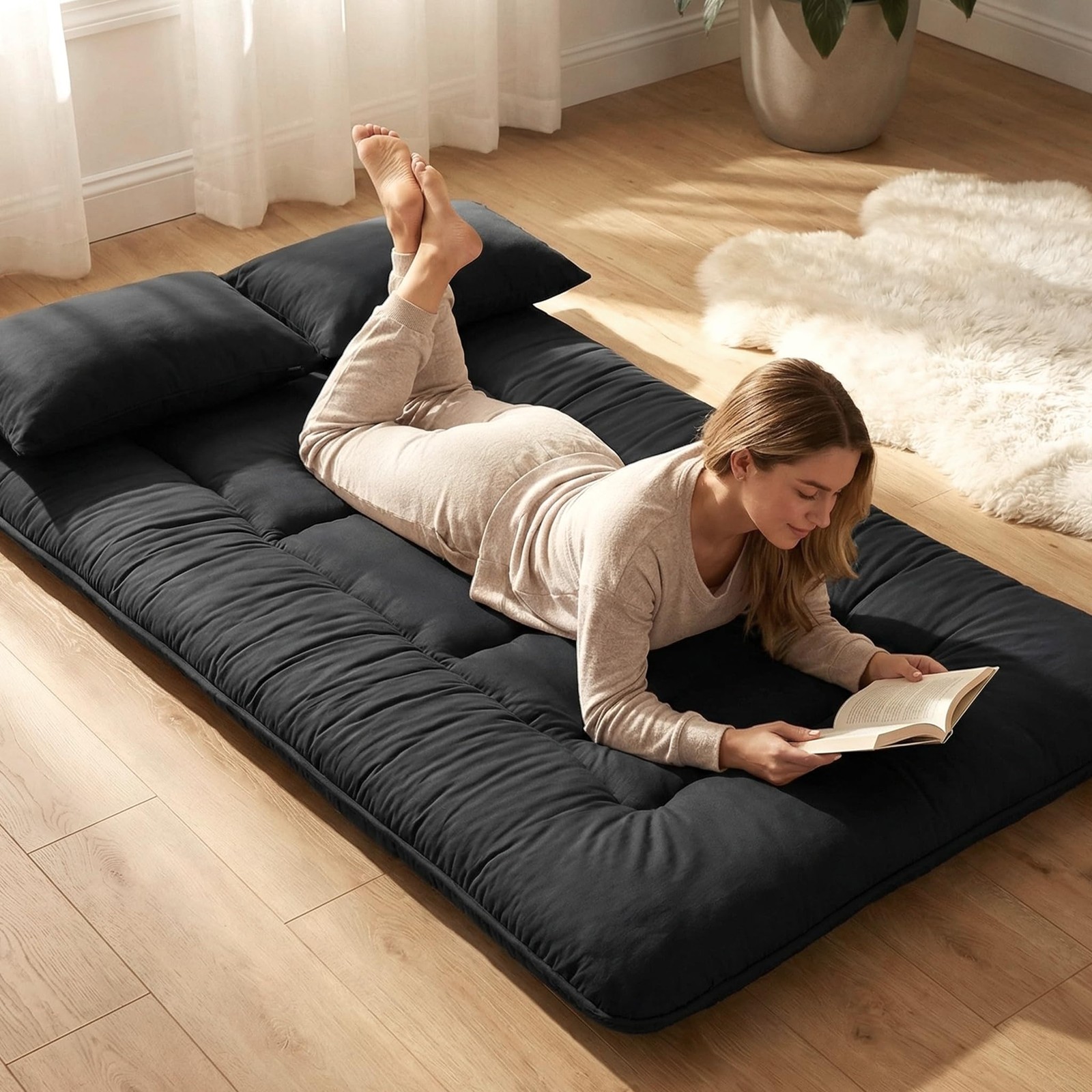 Japanese Floor Mattress Futon Mattress, 3.5 Inch Thick Foldable Roll Up Tatam…
