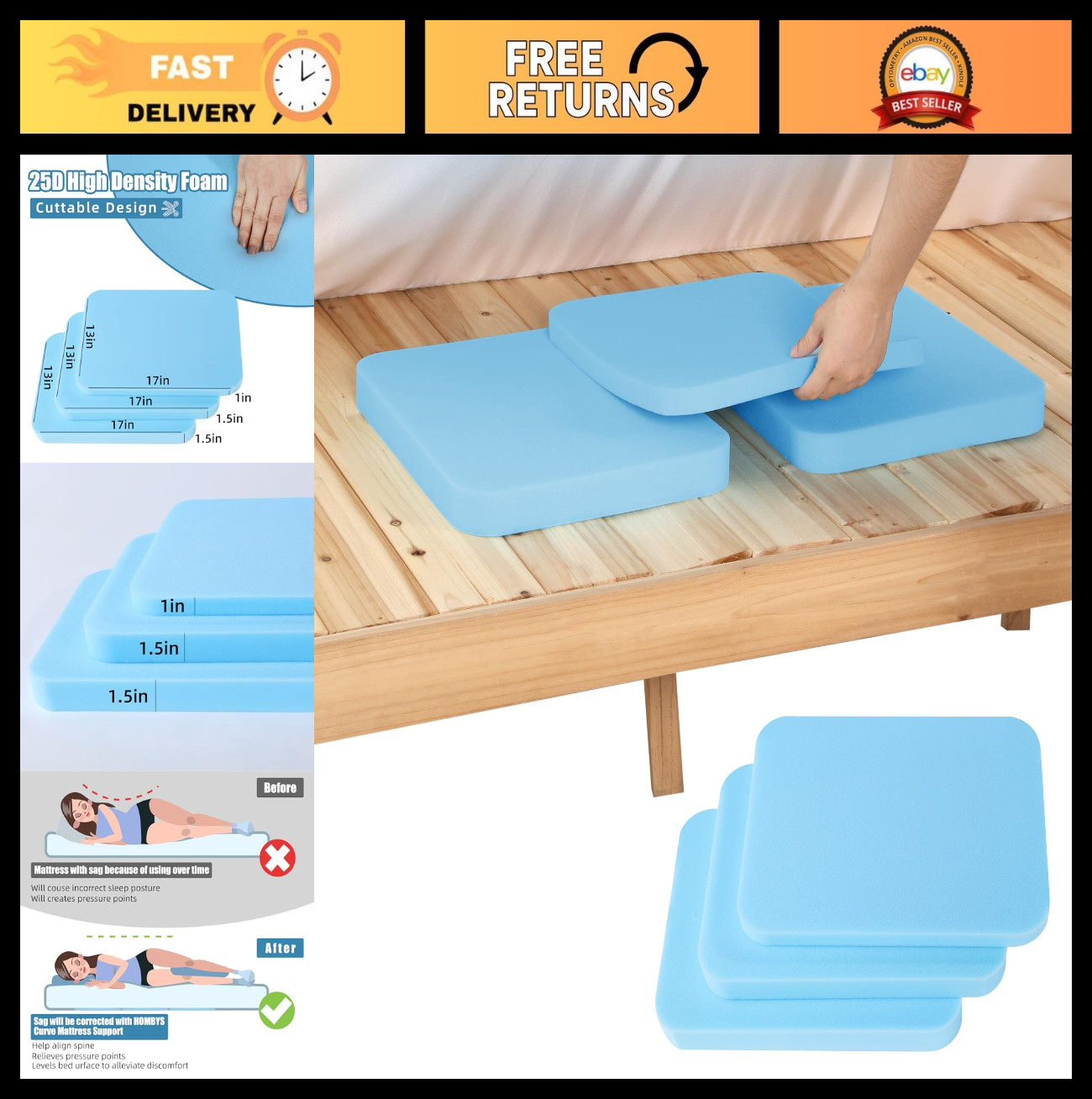 Under Mattress Support – 3 High Density Foam Pieces for Mattress Sagging Repair,