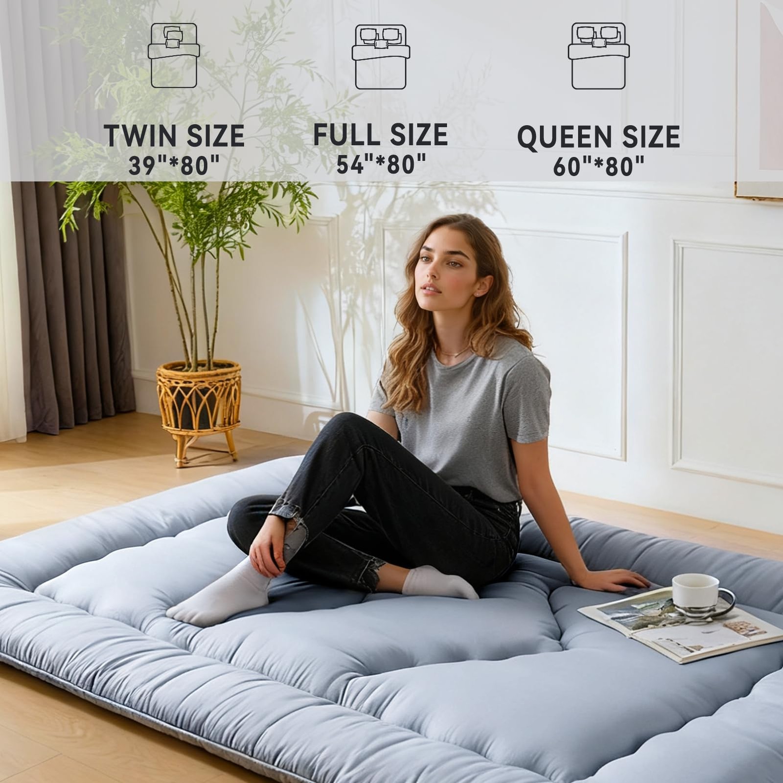Japanese Floor Mattress, 3.5″ Thicken Futon Mattress Tatami Mat, High Density…