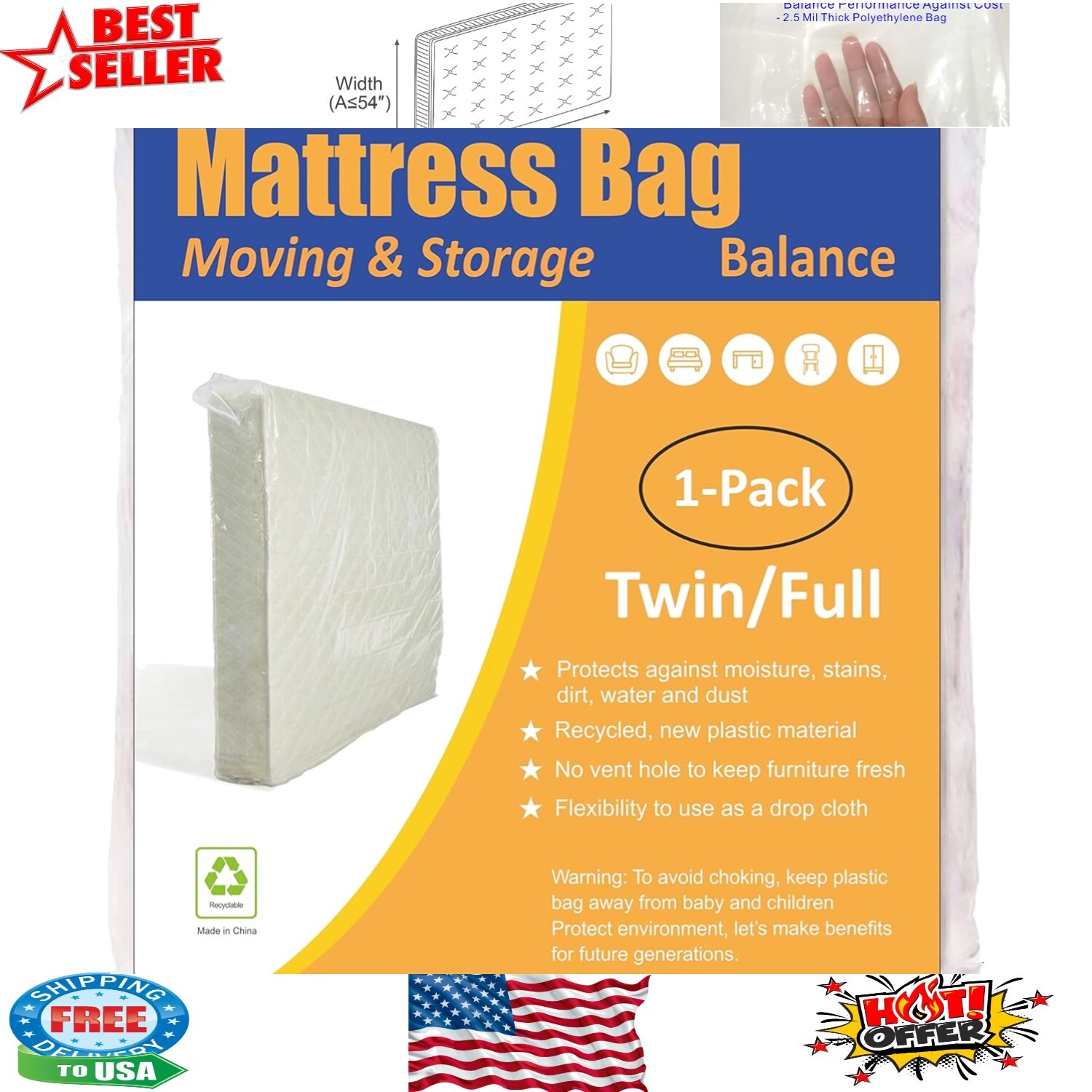 Durable Twin/Full Mattress Bag – Ideal for Moving and Long-Term Storage