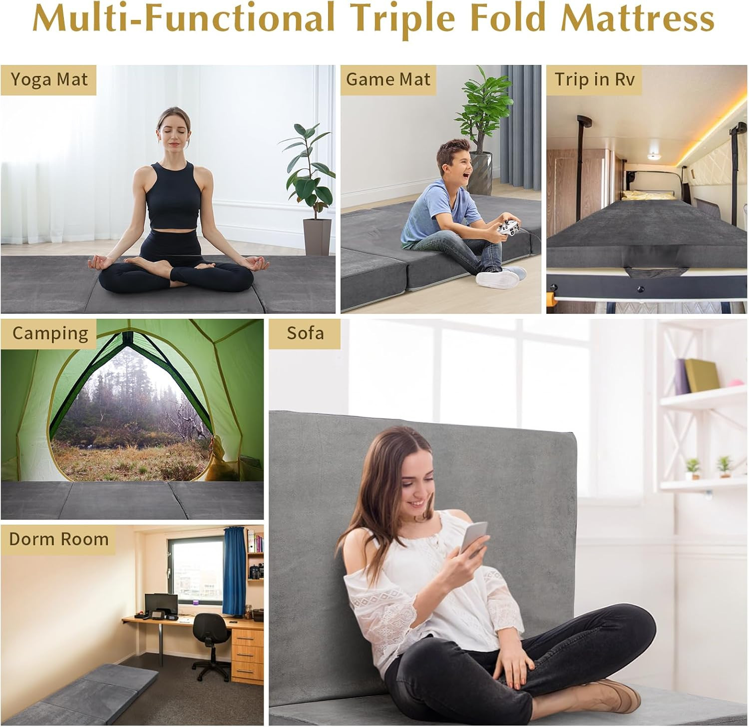 Portable Tri-Fold Memory Foam Mattress with Washable Cover for Travel & Yoga