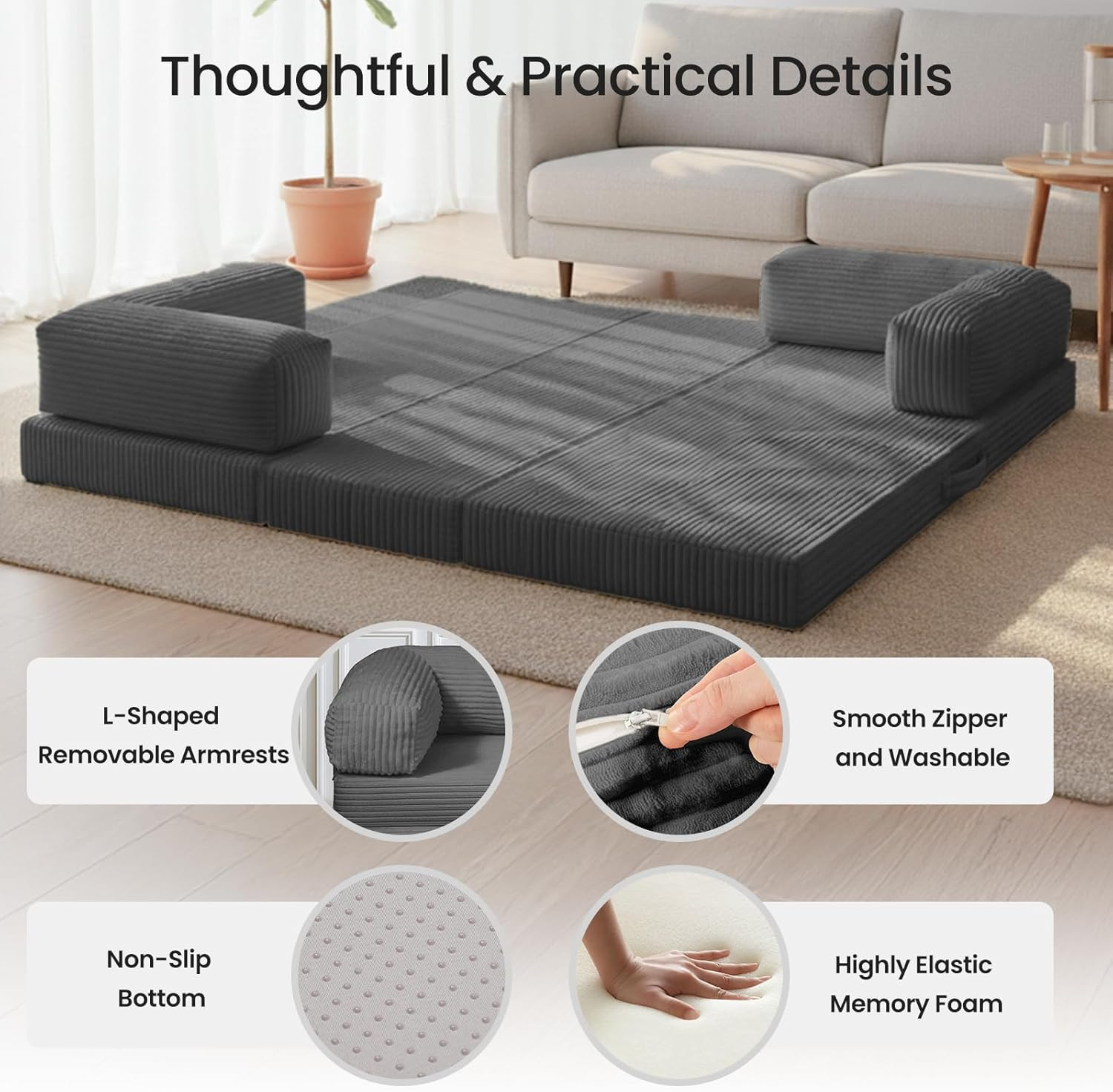 Tri-Fold Foldable Mattress, Convertible Folding Sofa Bed with Removable Arms & W