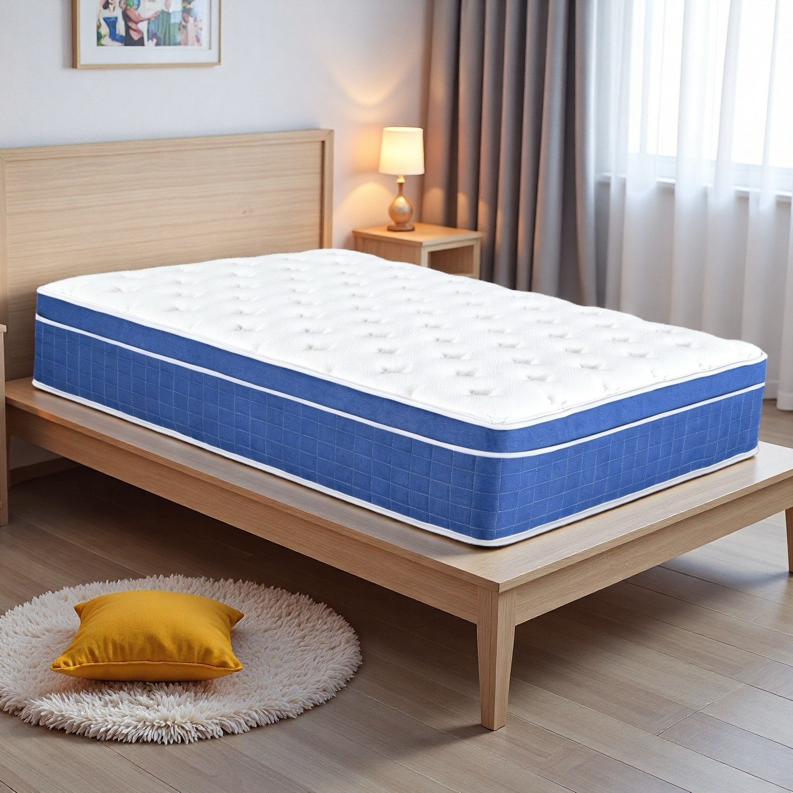 Queen Hybrid Mattress 12″ – Memory Foam Medium Firm Breathable Blue Trim