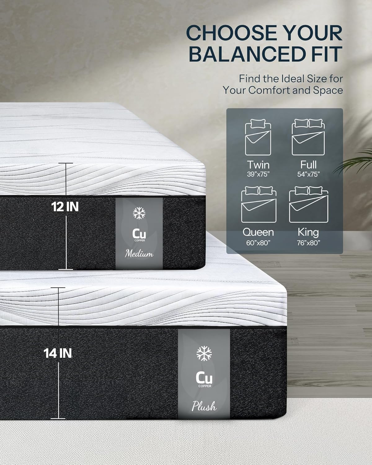 12″ Queen Hybrid Mattress – Copper Gel Memory Foam, Hypoallergenic & Odorless