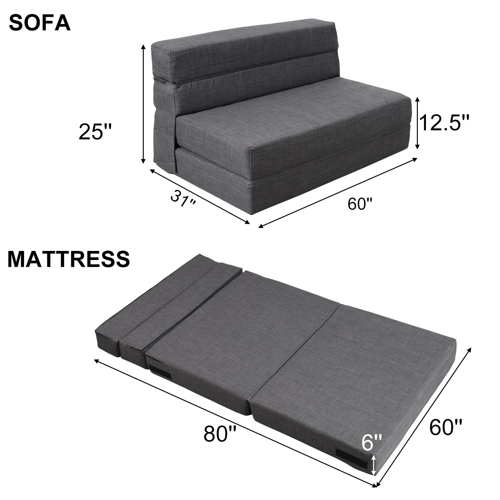 ANONER 60″ Fold Sofa Bed Couch Memory Foam with 2 Pillows Queen, Dark Grey
