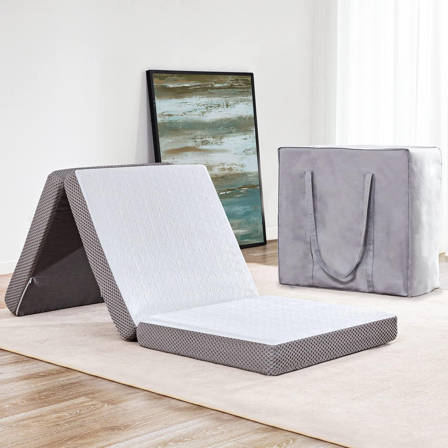 Foldable Mat 3.8 Inch Folding Topper Tri-Fold Gel Memory Foam Breathable with St