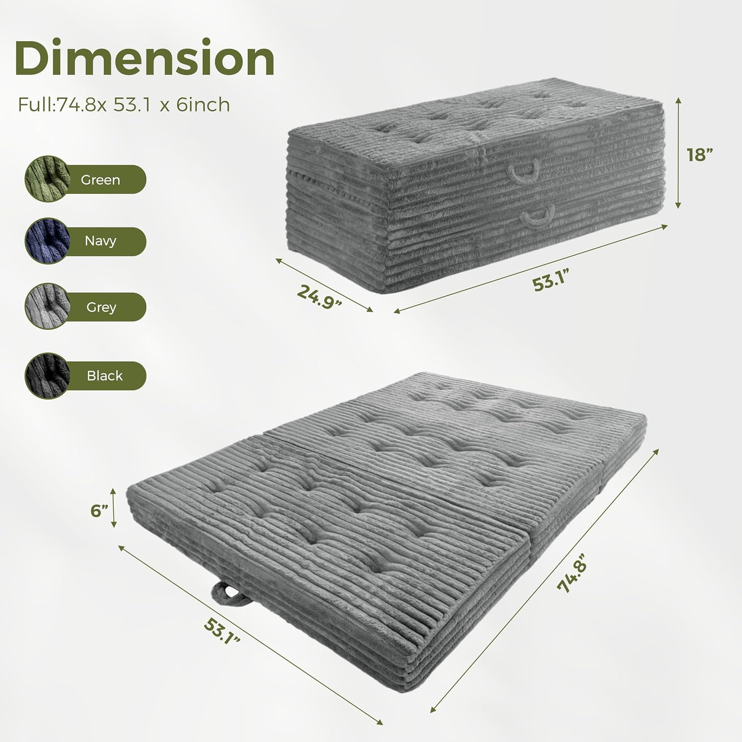 Portable Tri-Fold Folding Mattress with Handles – Soft Faux Fur, Full, Grey